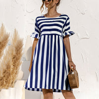 Women Fashion Skirt Striped Printed Short Sleeve Round Neck Casual Dress Ruffles