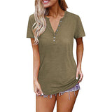 Womens V-Neck Blouses Short Sleeve Button Up Tunic Tops Casual Summer Henley Shirt Solid Color Basic T Shirt