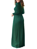 Women Tunic Waist Full Length Dress Solid Color Scoop Neck Slim Fit Long Sleeve