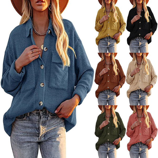 Long Sleeves Corduroy For Women Button Cardigan Casual Loose Blouses Shirt Tops
