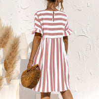 Women Fashion Skirt Striped Printed Short Sleeve Round Neck Casual Dress Ruffles