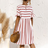 Women Fashion Skirt Striped Printed Short Sleeve Round Neck Casual Dress Ruffles