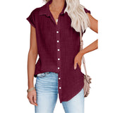 Women Solid Short Sleeve Shirt Lapel Blouse Baggy Loose Tunic Casual Tops Button-Down Cardigan