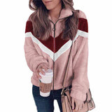 Women Ladies Stitching Zipper Wooly Cardigan Casual Long Sleeve Lapel Coat Tops