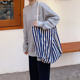Striped Canvas Beach Tote Casual Daily Travel Shoulder Bag Handbag Shopping Bag