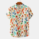 Mens Button Down Shirt Casual Loose Tops Summer Hawaiian Shirts Lapel Neck Short Sleeve T-shirt Mushroom Print Blouse