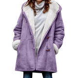 Women's Solid Color Hooded Neck Long Sleeve Fall Winter Hoodie Button-up Pockets