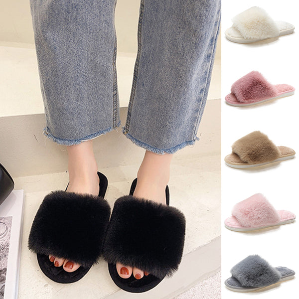Women's Casual Slide Open Toe Slippers Flat Fuzzy Fluffy Fur Slip On House Shoes