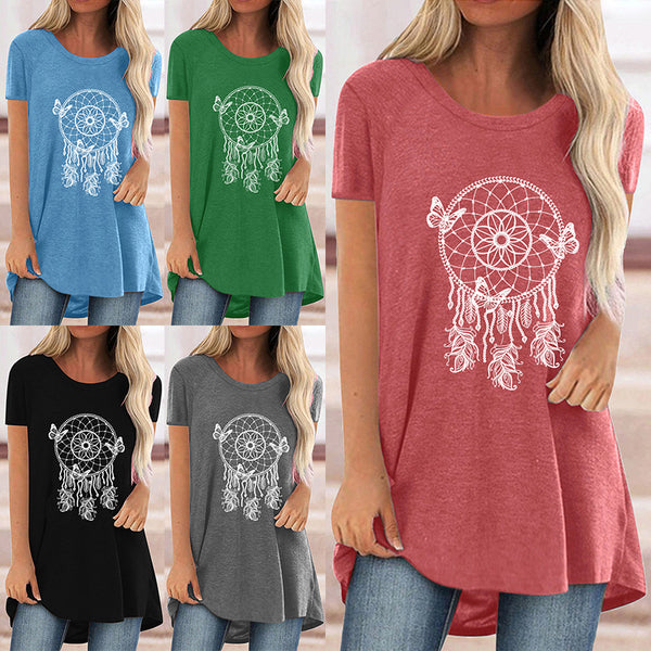Women Summer Crew Neck Top Short Sleeve T-Shirt Butterfly Dreamcatcher Print Pullover MD Long Loose Blouse