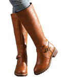 Women PU Leather Buckle Strap Design Boots Chunky Heel Zipper Casual Comfy Biking Boots