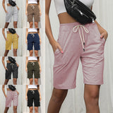 Womens Elastic Waist Knee Length Short Casual Comfy Bermuda Shorts Pocket Hiking Workout Jogger Sweat Short