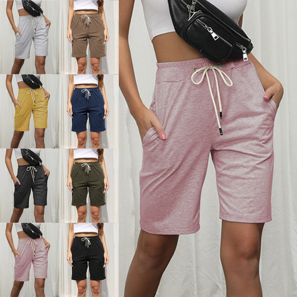 Womens Elastic Waist Knee Length Short Casual Comfy Bermuda Shorts Pocket Hiking Workout Jogger Sweat Short