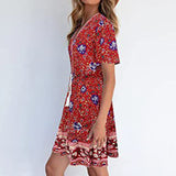 Women Summer Sun Dress Short Sleeve V-Neck Floral Mini Dress Boho Beach Retro V Neck Tassel Swing Tunic Dress