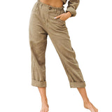 Women Ladies Solid Cotton Linen Pants Pocket Button Loose Ladies Casual Trousers