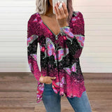 Womens Butterfly Print V Neck Zip T-shirt Long Sleeve Pullover Casual Loose Tops