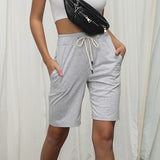 Womens Elastic Waist Knee Length Short Casual Comfy Bermuda Shorts Pocket Hiking Workout Jogger Sweat Short