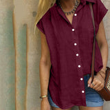 Women Solid Short Sleeve Shirt Lapel Blouse Baggy Loose Tunic Casual Tops Button-Down Cardigan