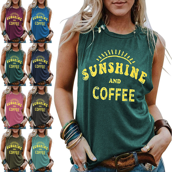 Lumento Women Sunshine and Coffee Tank Tops Casual Summer Graphic Shirt Sleeveless Graphic Tee Shirts