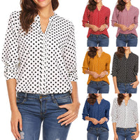 Women Polka Dot Print V Neck Tops Casual Long Sleeve Loose Shirt Pullover Blouse
