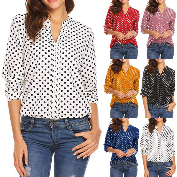 Women Polka Dot Print V Neck Tops Casual Long Sleeve Loose Shirt Pullover Blouse