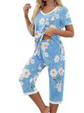 Women Floral Pajama Set Sleepwear Tops with Capri Pants Outfits Ladies Summer Comfy Sleep Nightshirt PJS Set