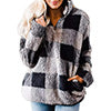 Women Fleece Plaid Jacket Coat Winter Warm Long Sleeve Zip Stand Collar Thick Outwear for Ladies Fashion Plush Comfy Coats With Pockets