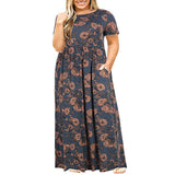 Womens Floral Printed Crew Neck Maxi Dresses Short Sleeves Plus Size Swing Dress