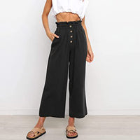 Women Plain Daily Wear Trousers Casual Buttons Palazzo Pant Loose Fit Solid Color Pants
