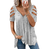 Women's Zipper V Neck Casual T-shirts Summer Hollow Short Sleeve Loose Fit Tops