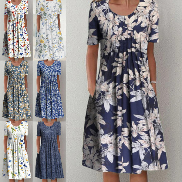 Womens Casual Swing Midi Dresses Floral Print Loose Ruffle Dress With Pockets