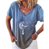 Women Summer Gradient Top V Neck Short Sleeve T Shirt Casual Dandelion Print Blouse Loose Pullover