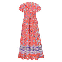Lumento Women Floral Print Dress Summer V Neck Boho Dress Short Sleeve Long Maxi Dress