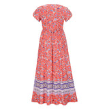 Lumento Women Floral Print Dress Summer V Neck Boho Dress Short Sleeve Long Maxi Dress