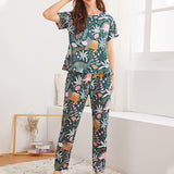 Women Short Sleeve Tops+Pants Round Neck Loungewear Sleepwear Outfit Graphic Print Pajama Set