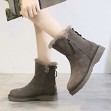 Lady Solid Color Ankle Boots Flat Shoes Warm Booties Side Zip Round Toe High Top