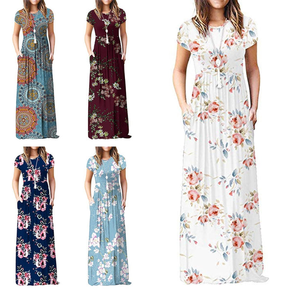 Beach Floral Print Long Maxi Dresses for Women Short Sleeve Summer Ladies Boho Beach Wrap Dress Flowing Party Sundress for Women