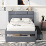 Gplesas Solid Wood Full Size Platform Bed,Storage Platform Bed with Drawers & Storage Shelves,Linen Fabric Upholstered Floor Bed,Gray