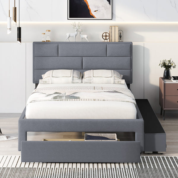 Gplesas Solid Wood Full Size Platform Bed,Storage Platform Bed with Drawers & Storage Shelves,Linen Fabric Upholstered Floor Bed,Gray