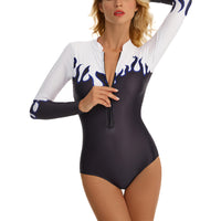 White Women Zipper Front Wetsuit Swimsuit Long Sleeve One-piece Bathing Suit UV Sun Protection Surfing Swimwear Tummy Control Diving Beachwear