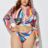 Women Plus Size 3 Piece Bikini  Swimsuit Long Sleeve Bathing Suit Zipper Front Beachwear Swimwear With Scarf