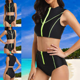Women 2 Piece Tankini Swimming Suit With High Waist Boyshorts Zipper Front Beachwear Bathing Suit Swimwear