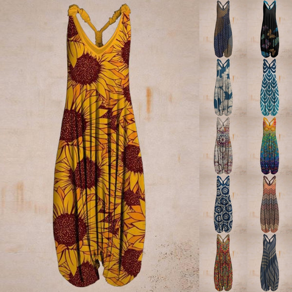 Long Romper Women V Neck Tank Tops Long Jupmsuits Loose Waist One Piece Bodysuit