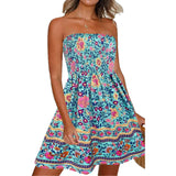 Sleeveless Strapless Off Shoulder A-line Dress Swing Hem Loose Fit Floral Printed T Shirt Dresses