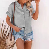 Women Short Sleeve Solid Color T-Shirt Blouse Lapel Buttons Casual Pullover