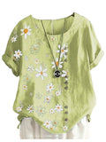 Women Crew Neck T-Shirt Daisy Printing Ruffles Short Sleeve Top Blouse Pullover