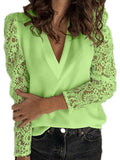 Womens V-Neck Lace Stitching Long Sleeve Casual Pullover Tops Blouse Basic Shirt