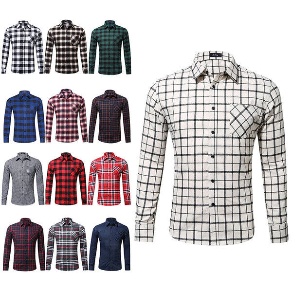 Men Casual Check Plaid Printed Long Sleeve Shirt Tops Blouse Button-Down Pocket