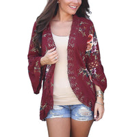 Lady Lace Hollow Flowers Flared Sleeve Open Front Outwear Casual Light Smock Top