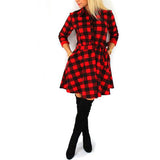 Women's Plaid Check V-Neck Long Sleeve A-Line Mini Dress Lace Up Casual Dresses