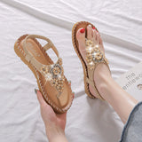 Women Sandals Summer Boho Casual Flat T-Strap Thong Elastic Comfortable Flip Flops Beach shoes